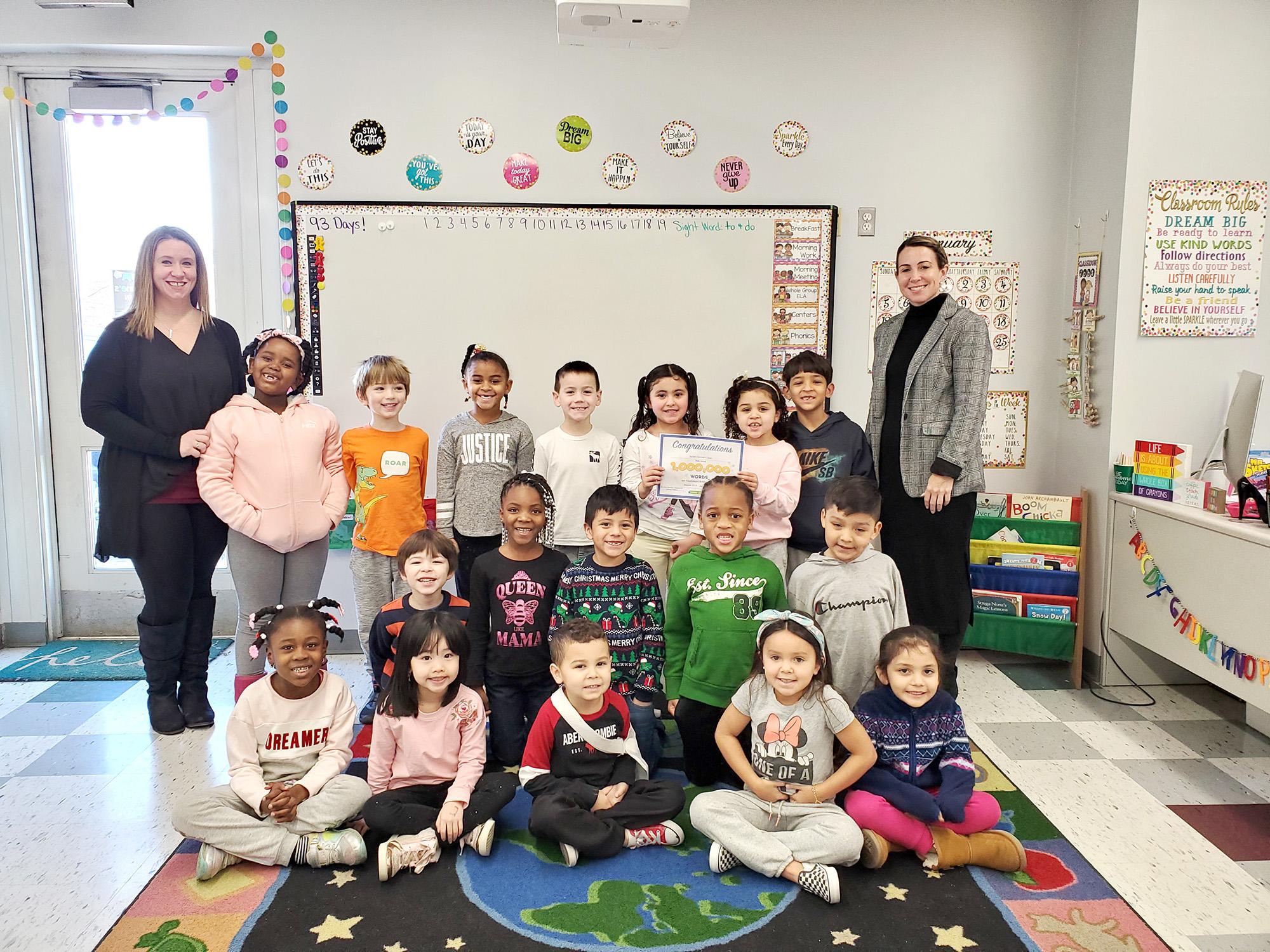 A posed photo of a kindergarten class at the Lafayette School